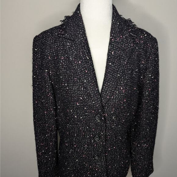 Apostrophe Black & Pink Wool Blend Tweed Fringed Collar Button Up Blazer Size 14 - Picture 2 of 8